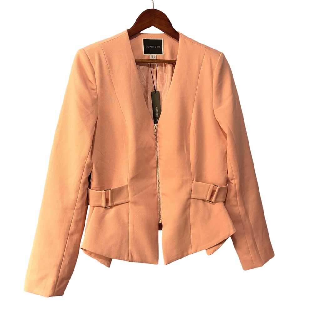 Another Story Pink Peplum Blazer Open Front Collarless Pleated Back Jacket